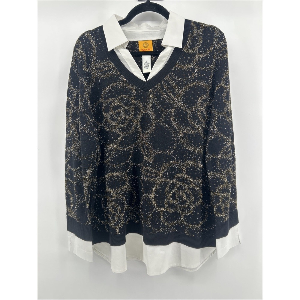 Ruby Rd Black Gold Metallic Floral Jacquard Layered Two-Fer Sweater Top L Chic